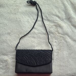 Black Satin Beaded Flap Evening Bag